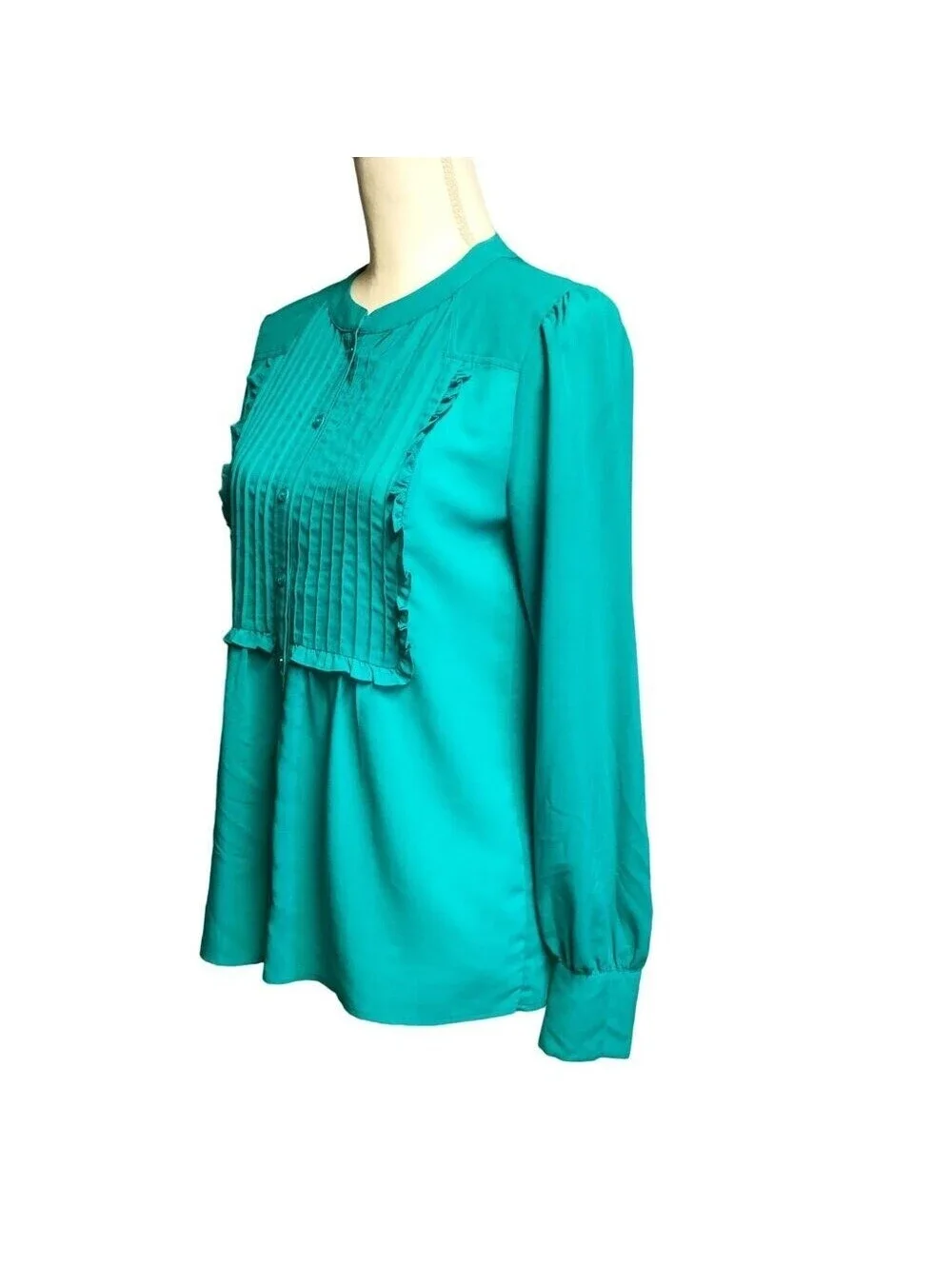 J.Crew Teal Green Ruffle Pleated Bib Blouse Long Sleeve Button Down Top 58160 2